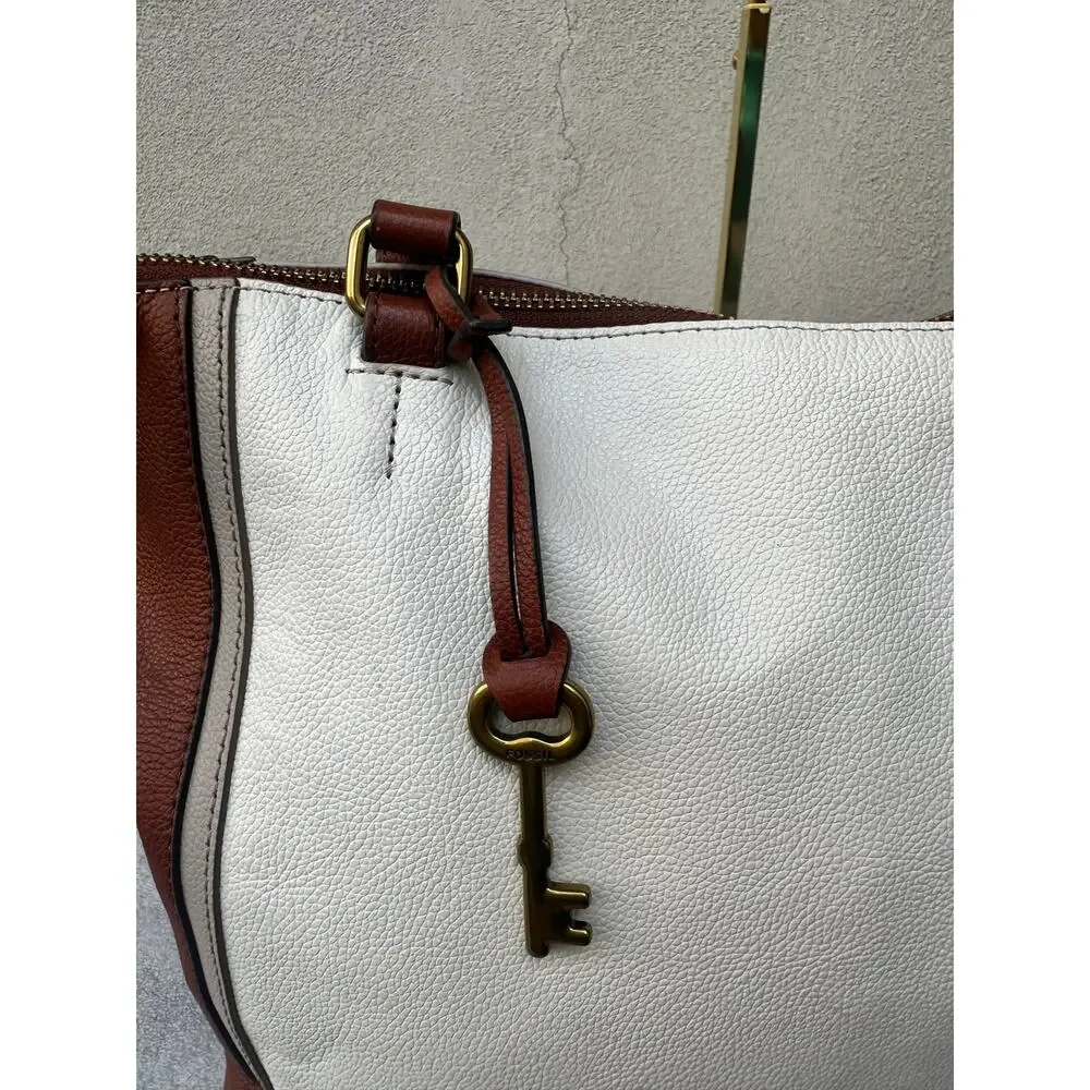 Fossil Genuine Leather Colorblock Tote Bag Ivory Cognac Brown Key Charm